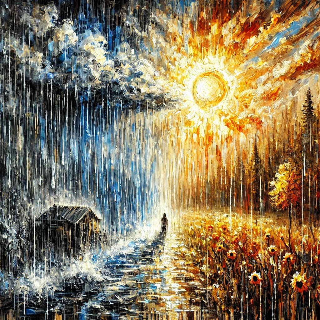 Das Bild zeigt eine expressionistische Landschaft mit Regen in verschiedenen Intensitäten: von starkem Platzregen über leichten Nieselregen bis hin zu feinem Sprühregen. Der Himmel ist überwiegend bedeckt, und die Sonne scheint nur schwach durch die Wolken, wodurch eine herbstliche Stimmung entsteht. Im Hintergrund erinnert ein trockener, warmer Abschnitt an die vergangenen Dürresommer, wobei warme, trockene Farben das Bild dominieren. Die Szenerie reflektiert den emotionalen Übergang von den warmen, aber harschen Dürresommern zu den melancholischen, normalen Regentagen.